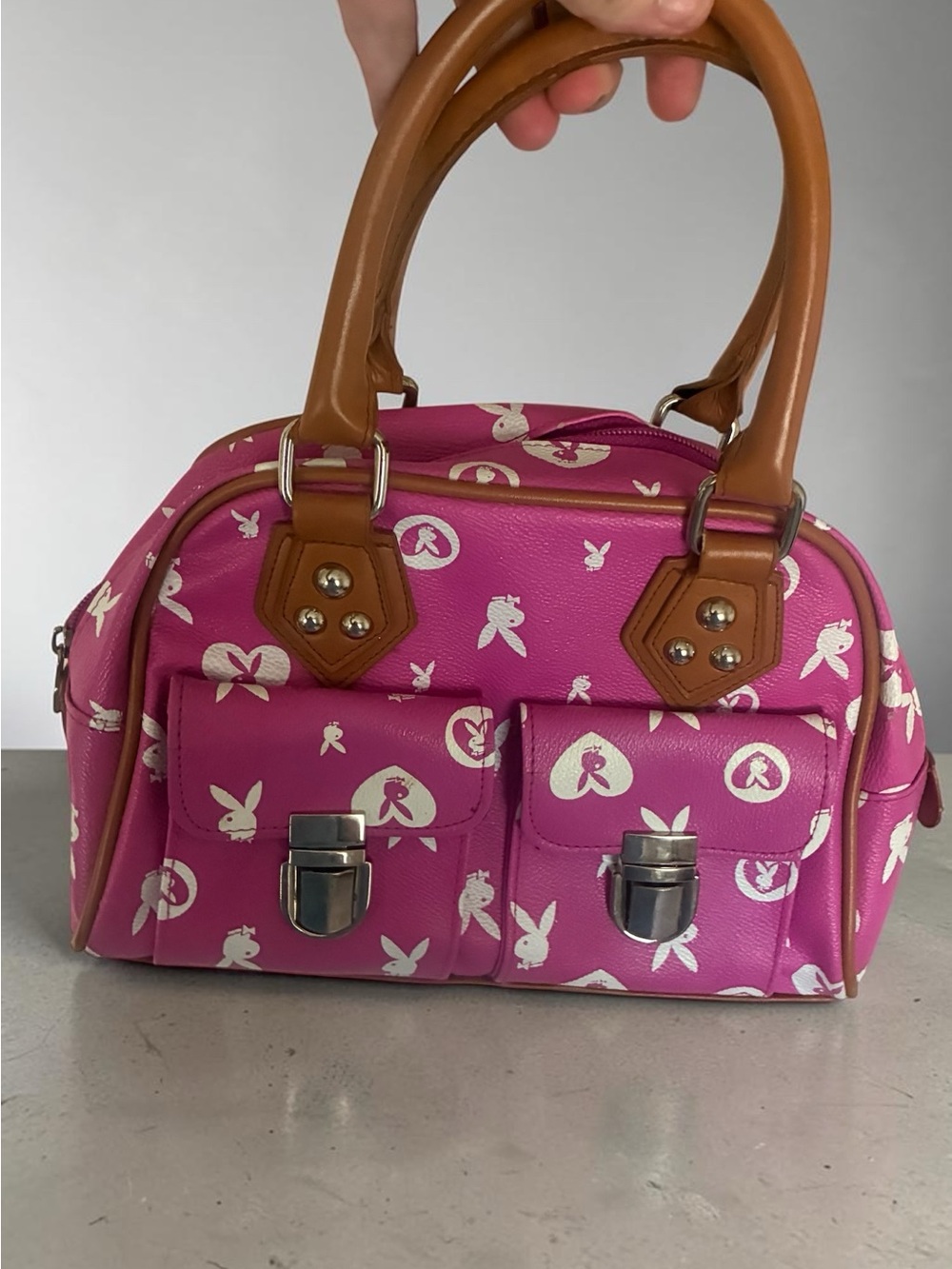 PLAYBOY Pink Printed Satchel with Tan Handles